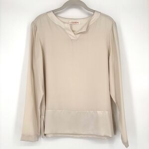 Vintage 100% Silk Blouse Sz 44 Cream Mixed Sheen Long Sleeve Flowy Chic Neutral